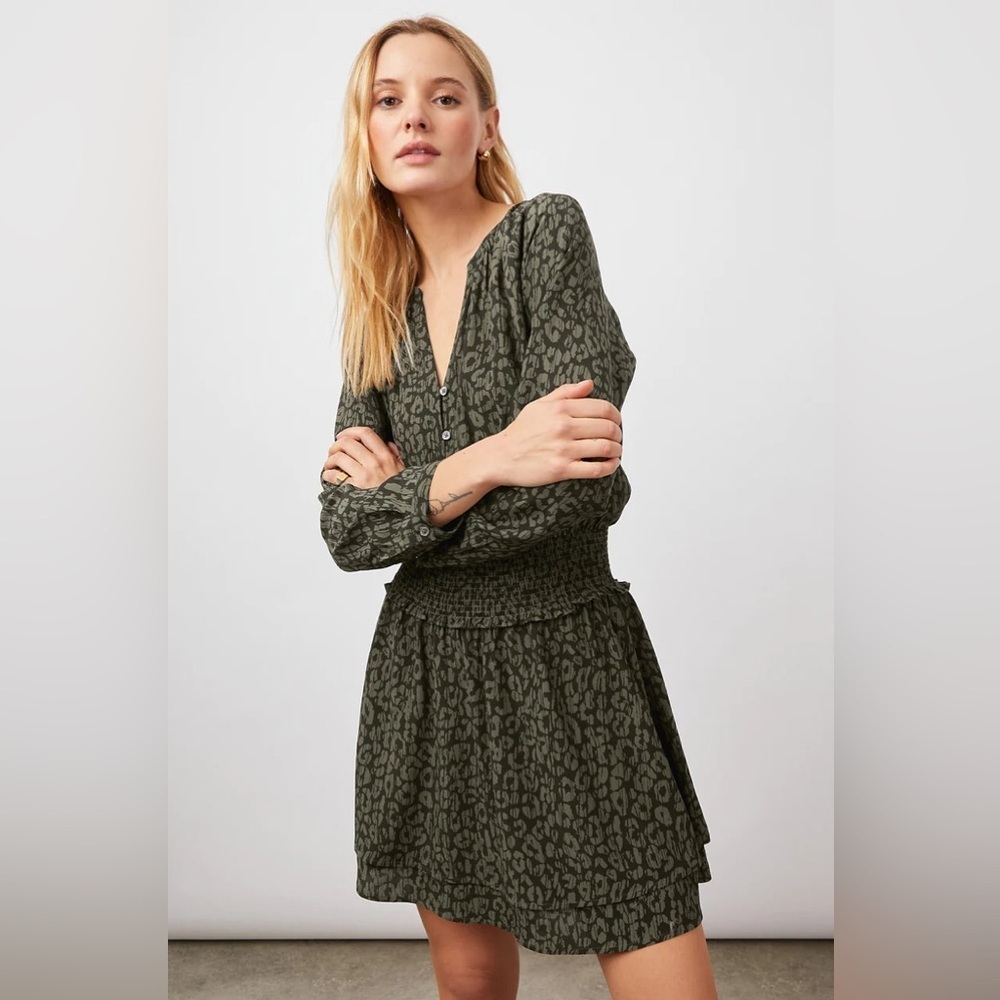 Rails Jasmine Cheetah Print Dress Olive Green Batik Large Cinched Waist